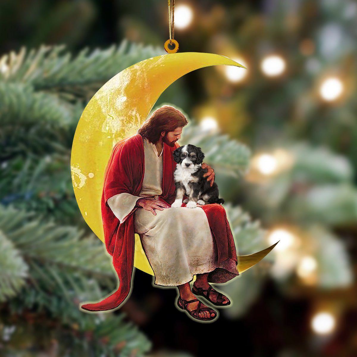 Pamaheart Bernedoodle And Jesus Sitting On The Moon Hanging Ornament Dog Ornament, Car Ornament, Christmas Ornament Pamaheart Bernedoodle And Jesus Sitting On The Moon Hanging Ornament Dog Ornament, Car Ornament, Christmas Ornament