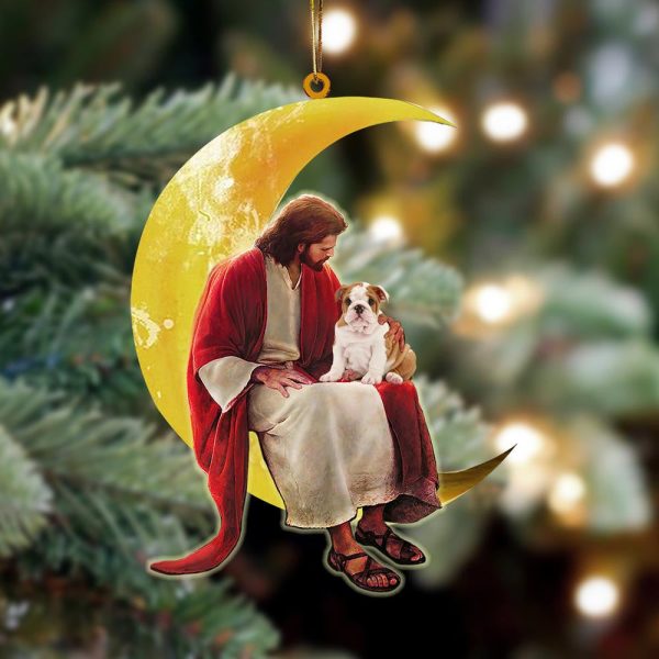 Pamaheart English Bulldog And Jesus Sitting On The Moon Hanging Ornament Dog Ornament, Car Ornament, Christmas Ornament