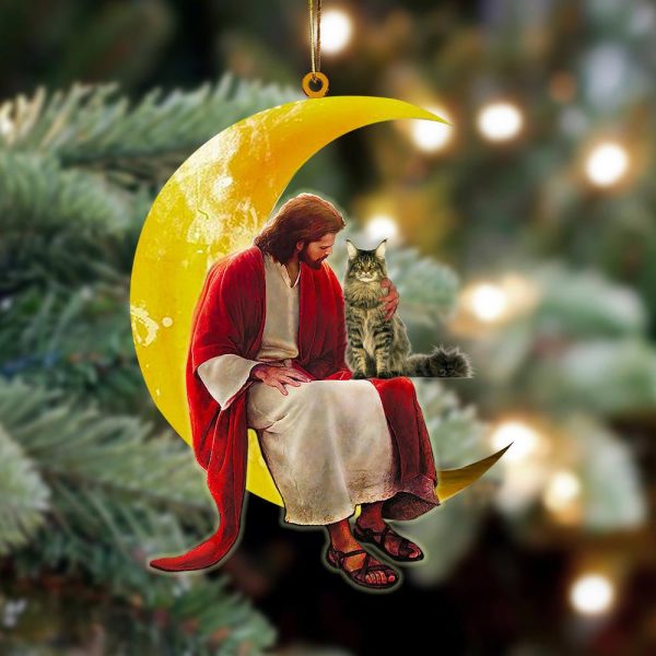 Pamaheart Maine Coon And Jesus Sitting On The Moon Hanging Ornament Dog Ornament, Car Ornament, Christmas Ornament