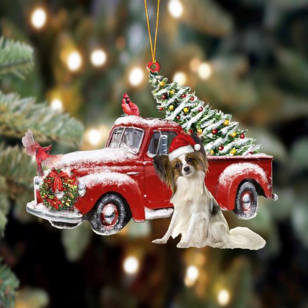 Papillon-Cardinal & Truck Two Sided Christmas Plastic Hanging Ornament Dog Memorial Gift