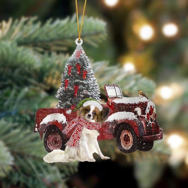 Papillon-Christmas Truck Two Sided Christmas Plastic Hanging Ornament Dog Memorial Gift