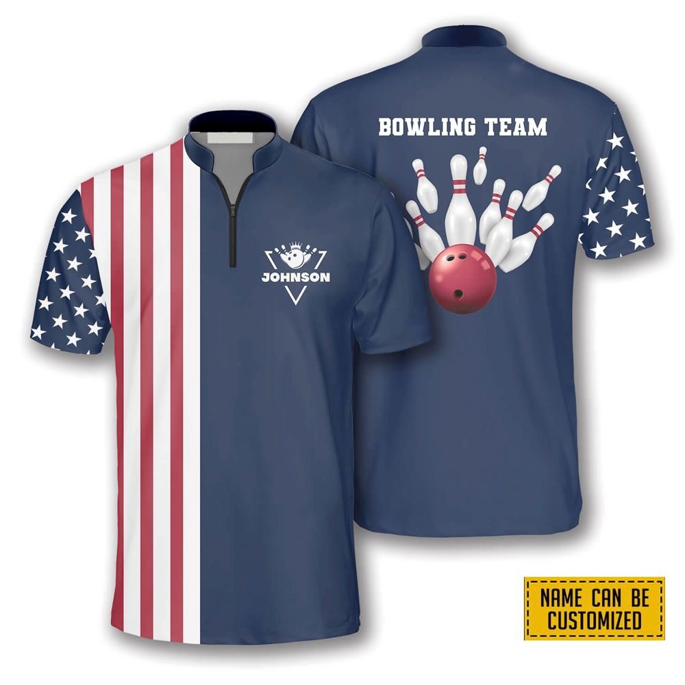 Patriotic American Flag Navy Bowling Personalized Names And Team Jersey Shirt – Gift For Bowling Enthusiasts