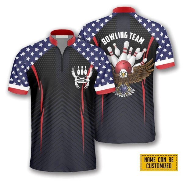 Patriotic Eagle American Flag Bowling Personalized Names And Team Jersey Shirt – Gift For Bowling Enthusiasts