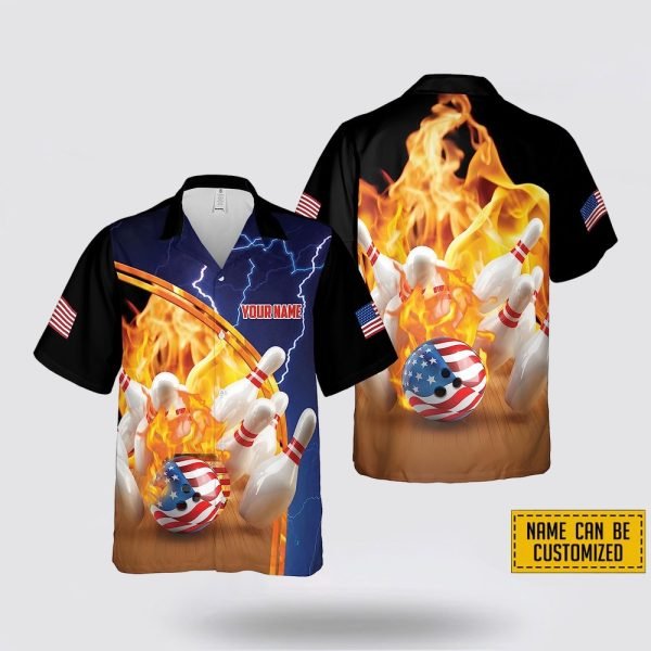 Personalized Bowling American Flag Ball Fire Pattern Bowling Hawaiin Shirt – Beachwear Gift For Bowler