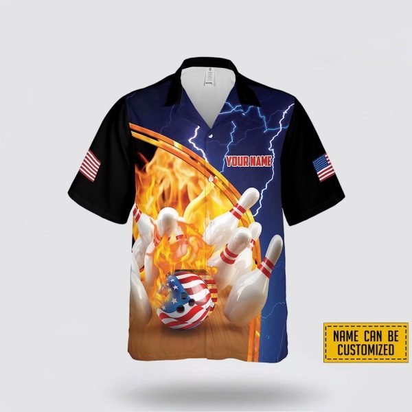 Personalized Bowling American Flag Ball Fire Pattern Bowling Hawaiin Shirt – Beachwear Gift For Bowler