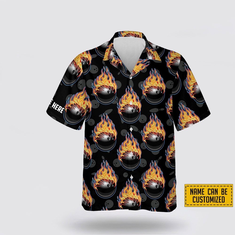 Personalized Bowling Fire Pattern On The Black Backgroud Bowling Hawaiin Shirt – Gift For Bowling Enthusiasts