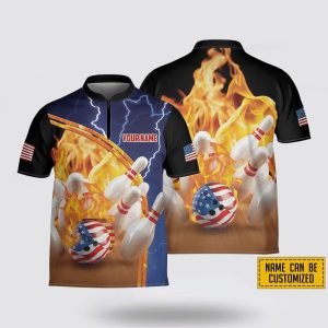 Personalized Fire American Flag Bowling Jersey Shirt…