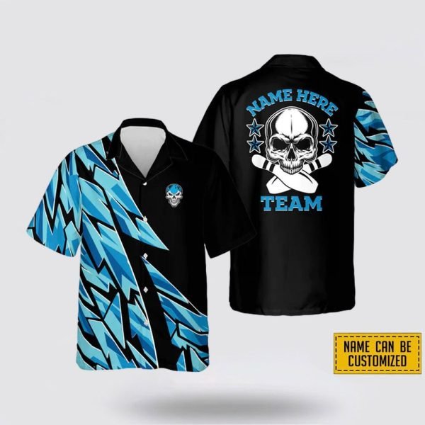 Personalized Name And Team Black And Blue Skull  Hawaiian Shirt – Gift For Bowling Enthusiasts
