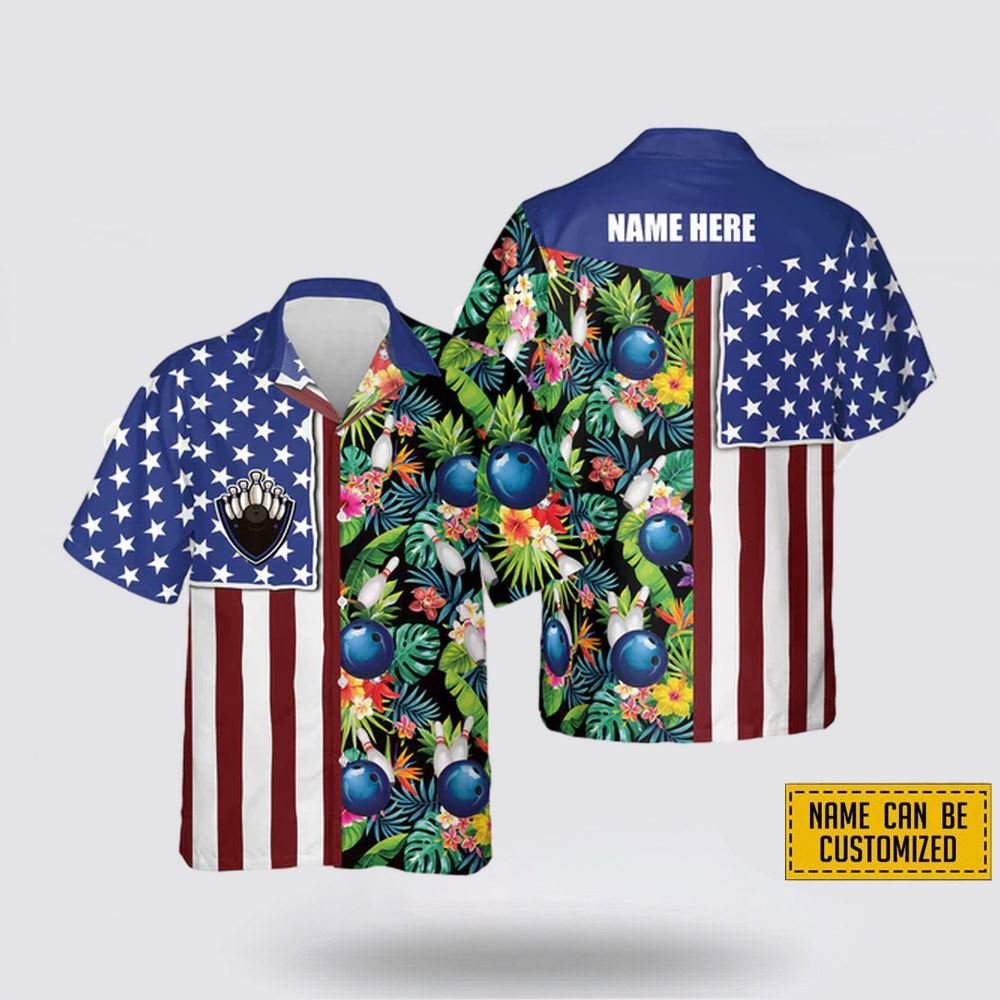 Personalized Name Bowling USA Flag Tropic Pattern Hawaiian Shirts – Gift For Bowling Enthusiasts