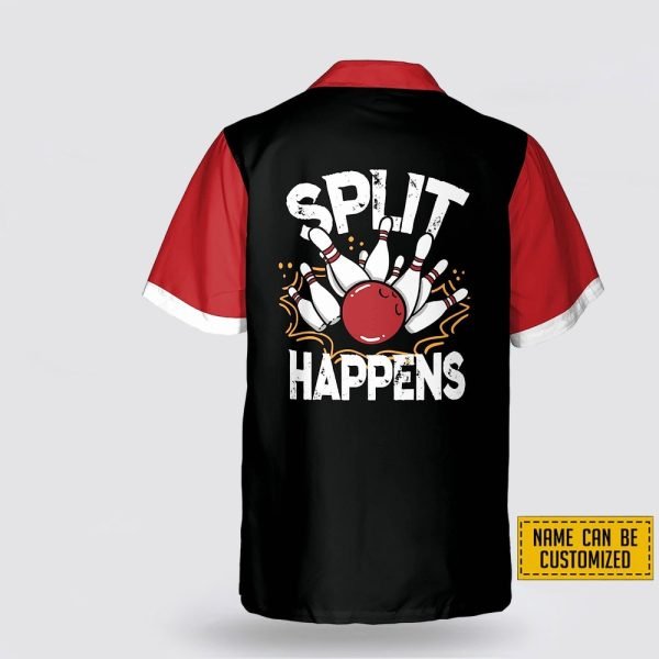 Personalized Red And Black Split Happens Bowling Pattern Bowling Hawaiin Shirt – Gift For Bowling Enthusiasts