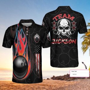 Personalized Skull Bowling Fire  American Flag Polo Shirt – Bowling Men Polo Shirt – Gifts To Get For Your Dad – Father’s Day Shirt