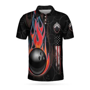 Personalized Skull Bowling Fire  American Flag Polo Shirt - Bowling Men Polo Shirt - Gifts To Get For Your Dad - Father's Day Shirt