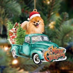 Pomeranian-Green Truck Hanging Christmas Plastic Hanging Ornament…