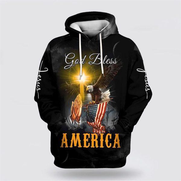 Praying Hand Eagle US Flag Christ Cross God Bless America All Over Print 3D Hoodie – Gifts For Christians