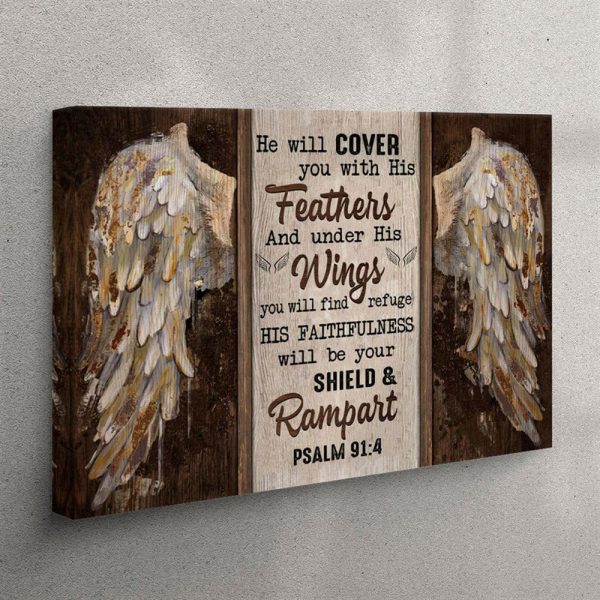 Psalm 914 He Will Cover You With His Feathers Canvas Wall Art – Bible Verse Wall Art Decor – Christian Wall Art Canvas