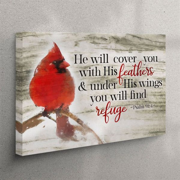 Psalm 914 He Will Cover You With His Feathers Canvas Wall Art – Cardinal Bird – Christian Wall Art Canvas