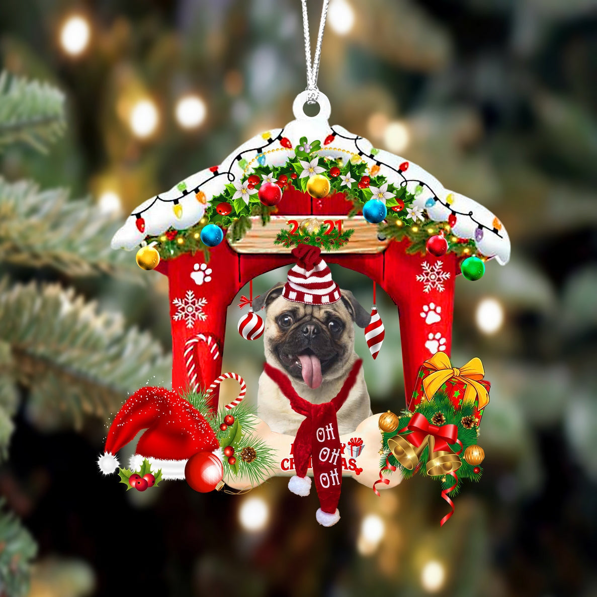 Pug-Christmas House Two Sided Christmas Plastic Hanging Ornament Dog Memorial Gift Pug-Christmas House Two Sided Christmas Plastic Hanging Ornament Dog Memorial Gift