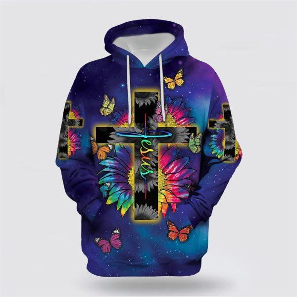 Rainbow Sunflower Butterfly Jesus Cross All Over Print 3D Hoodie – Gifts For Christians