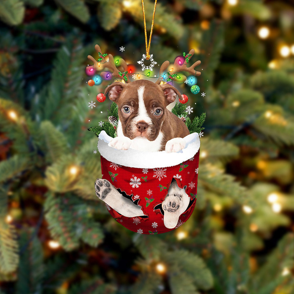 Red Boston Terrier In Snow Pocket Christmas Ornament – Flat Acrylic Dog Ornament Red Boston Terrier In Snow Pocket Christmas Ornament – Flat Acrylic Dog Ornament