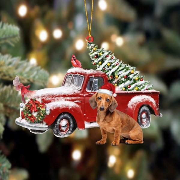 Red Dachshund-Cardinal & Truck Two Sided Christmas Plastic Hanging Ornament