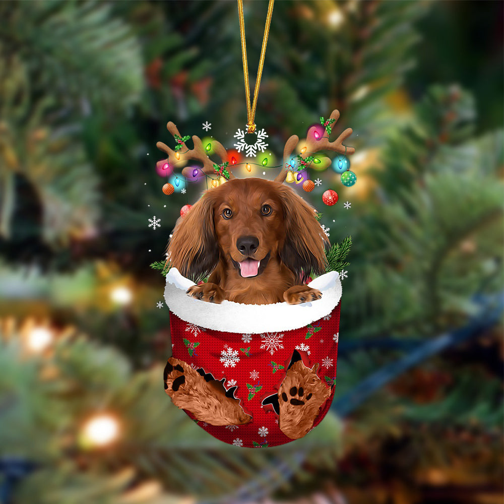 Red Long Haired Dachshund-In Christmas Pocket Two Sides Christmas Plastic Hanging Ornament Red Long Haired Dachshund-In Christmas Pocket Two Sides Christmas Plastic Hanging Ornament