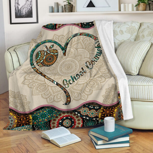 School Counselor Vintage Mandala Heart Fleece Throw Blanket – Sherpa Throw Blanket – Soft And Cozy Blanket
