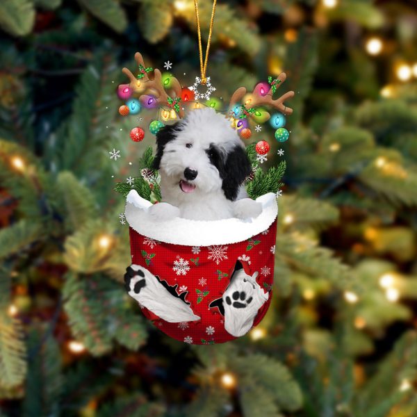 Sheepadoodle In Snow Pocket Christmas Ornament – Gifts For Dog Lovers – Flat Acrylic Dog Ornament