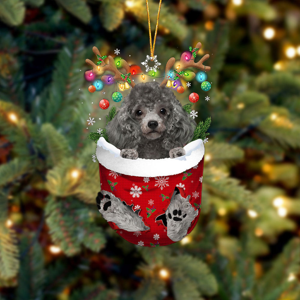Silver Miniature Poodle In Snow Pocket Christmas Ornament – Flat Acrylic Dog Ornament