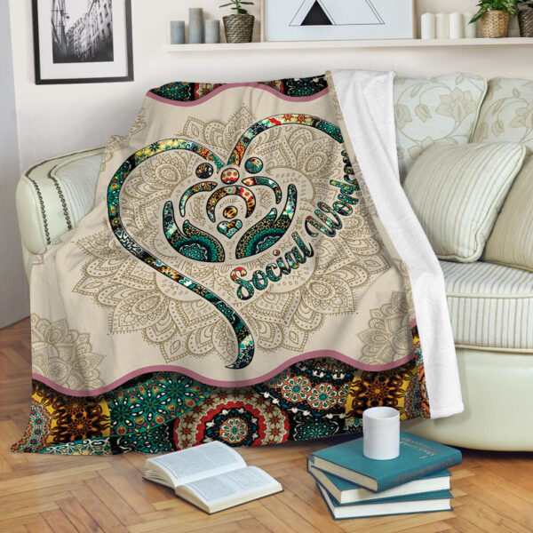 Social Worker Vintage Mandala Heart Fleece Throw Blanket – Sherpa Throw Blanket – Soft And Cozy Blanket