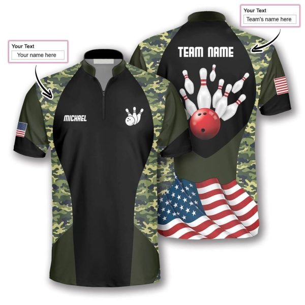 Strike Camouflage Waving Flag Bowling Personalized Names And Team Jersey Shirt – Gift For Bowling Enthusiasts