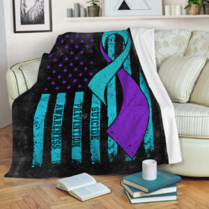 Suicide Prevention American Usa Flag Black Fleece Throw Blanket - Sherpa Fleece Blanket - Weighted Blanket To Sleep