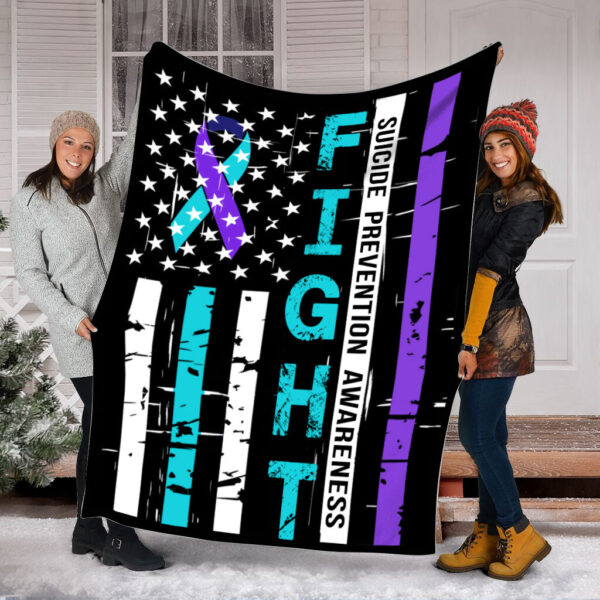 Suicide Prevention Awareness Fight American Usa Flag Fleece Throw Blanket – Sherpa Fleece Blanket – Weighted Blanket To Sleep