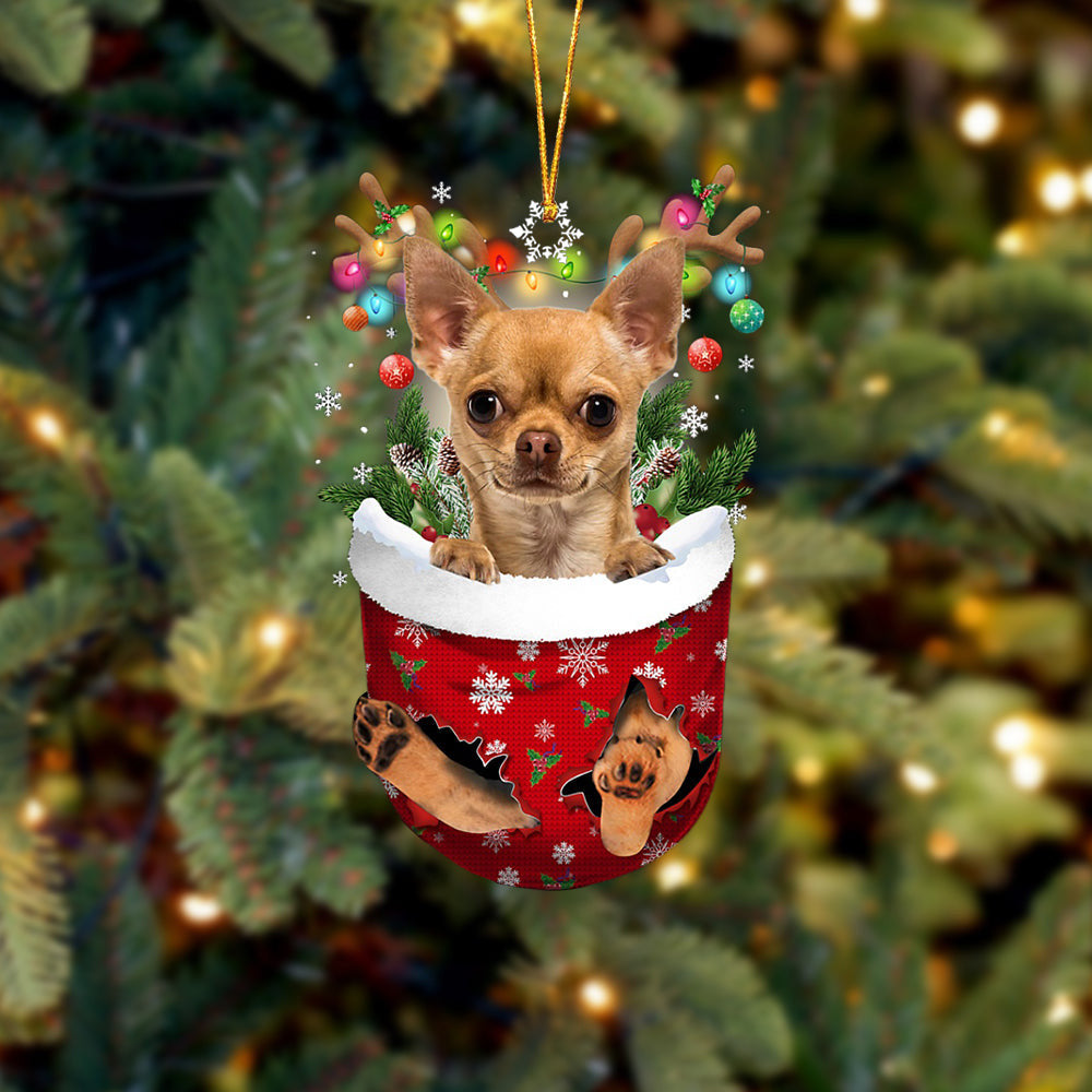 Tan Chihuahua In Snow Pocket Christmas Ornament – Flat Acrylic Dog Ornament – Ornaments Hanging Gift