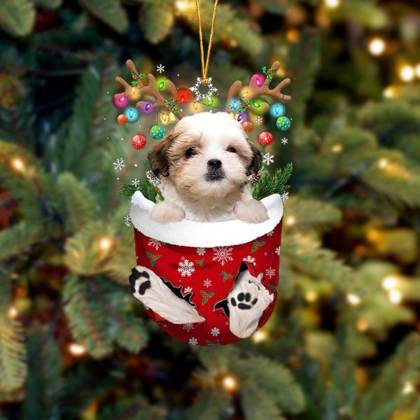 Teddy Bear Dog In Snow Pocket Christmas Ornament – Flat Acrylic Dog Ornament – Dog Memorial Gift