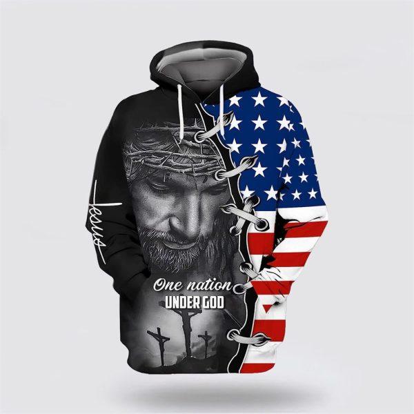 Three Crosses One Nation Under God Jesus Wreath American Flag All Over Print 3D Hoodie – Gifts For Christians
