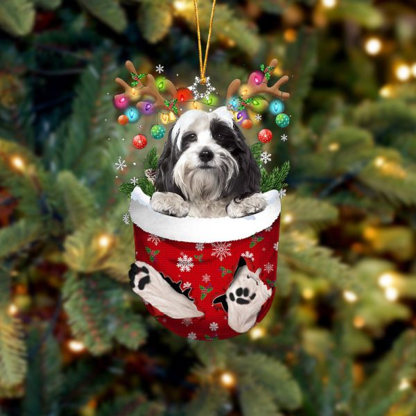 Tibetan Terrier In Snow Pocket Christmas Ornament – Flat Acrylic Dog Ornament – Funny Ornament