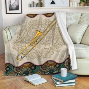 Trombone Gold Vintage Mandala Music Bed Blankets - Fleece Throw Blanket - Best Weighted Blanket For Adults