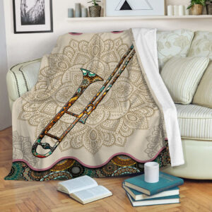 Trombone Vintage Mandala Music Bed Blankets - Fleece Throw Blanket - Best Weighted Blanket For Adults
