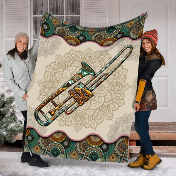 Trombone Vintage Mandala Music Bed Blankets – Fleece Throw Blanket – Weighted Blanket To Sleep