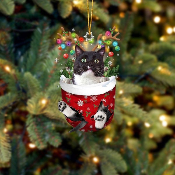 Tuxedo Cat In Snow Pocket Christmas Ornament – Flat Acrylic Cat Ornament – Ornaments Hanging Gift