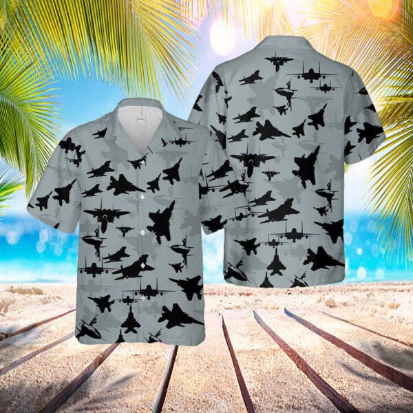 US Air Force Boeing McDonnell Douglas F-15 Eagle Aircraft Silhouettes Hawaiian Shirt – Mens Hawaiian Shirt – US Air Force Gifts