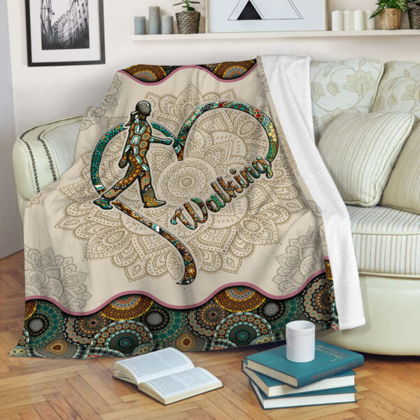 Walking Symbol Vintage Mandala Fleece Throw Blanket – Sherpa Fleece Blanket – Soft Lightweight Blanket