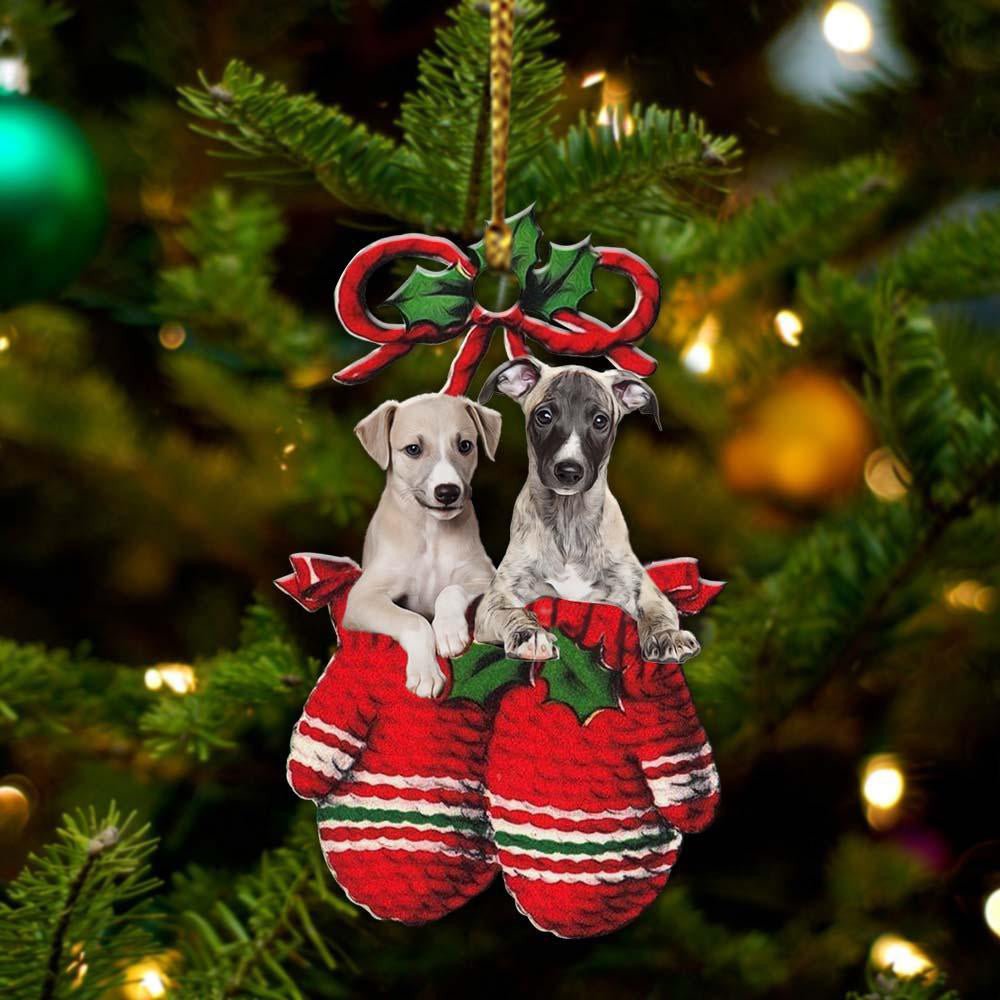 Whippet Inside Your Gloves Christmas Holiday-Two Sided Christmas Plastic Hanging Ornament