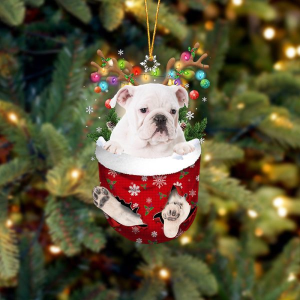 White English Bulldog In Snow Pocket Christmas Ornament – Flat Acrylic Dog Ornament