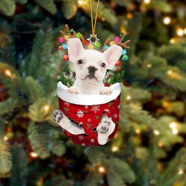White French Bulldog In Snow Pocket Christmas Ornament – Gifts For Dog Lovers – Flat Acrylic Dog Ornament
