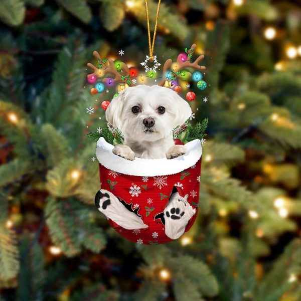 White Maltese In Snow Pocket Christmas Ornament – Flat Acrylic Dog Ornament – Ornaments Hanging Gift
