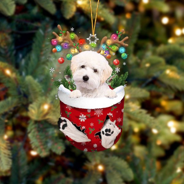 White Maltipoo In Snow Pocket Christmas Ornament – Flat Acrylic Dog Ornament – Funny Ornament
