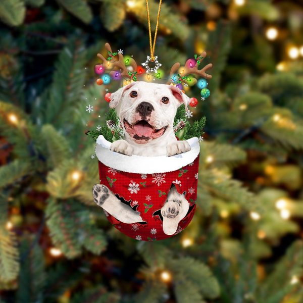 White Pitbulll In Snow Pocket Christmas Ornament – Flat Acrylic Dog Ornament – Funny Ornament