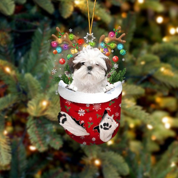 White Shih Tzu In Snow Pocket Christmas Ornament – Ornaments Hanging Gift – Flat Acrylic Dog Ornament