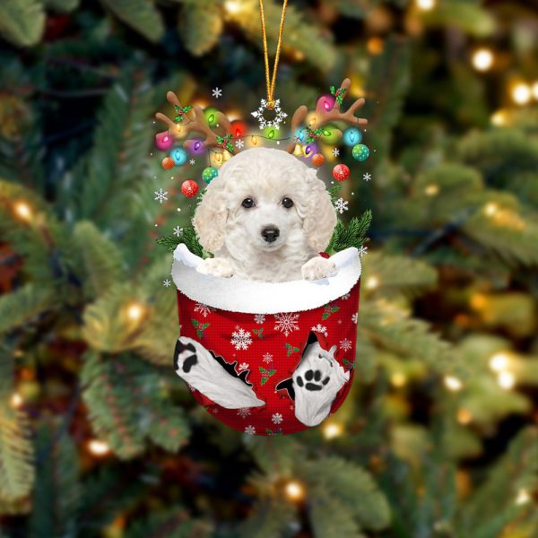 White Toy Poodle In Snow Pocket Christmas Ornament – Flat Acrylic Dog Ornament – Gifts For Dog Lovers
